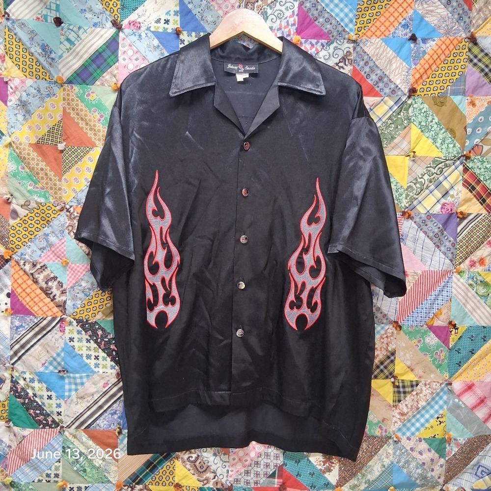 Vintage Johnny Suede Embroidered Tribal Flame Lounge Shirt Black Mens XL Y2K